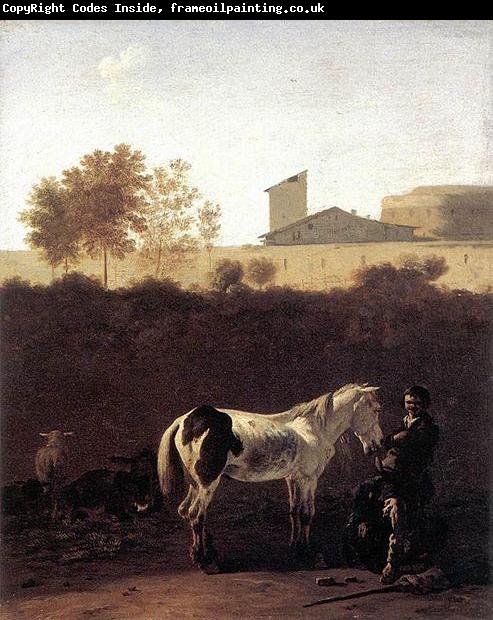 Karel Dujardin Italian Landscape with Herdsman and a Piebald Horse